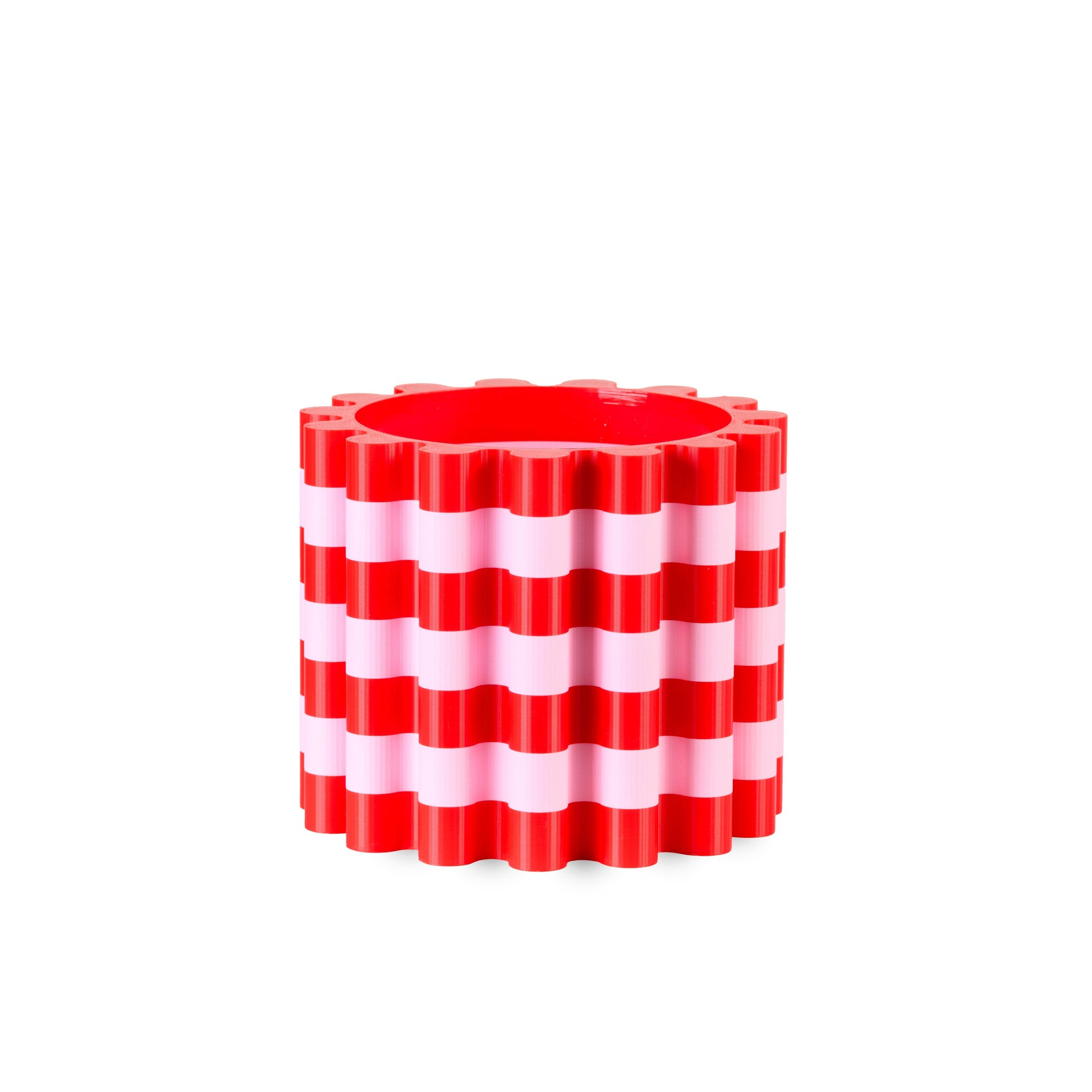 Red and white striped flowerpot on a white background