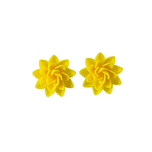 Pair of yellow flower-shaped earrings on a white background